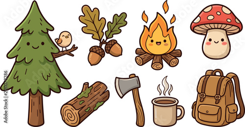 Cute Camping Outdoor Adventure and Autumn Forest Kawaii Icons Vector Set