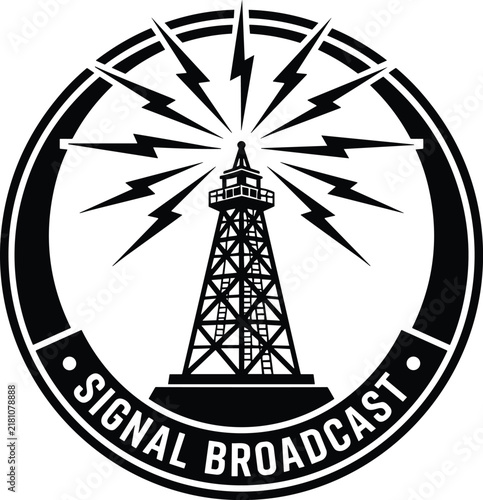 Obraz na plátně Radio tower signal broadcast badge circular logo with transmitter mast emitting