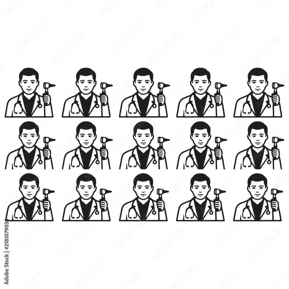 Fototapeta premium Doctor Holding Otoscope Outline Vector Icons Set
