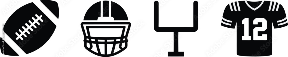 Obraz premium American football icon set featuring a ball, helmet, field goal post, and player sports jersey