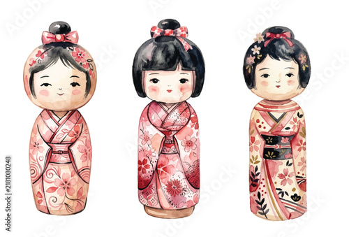 Traditional Japanese Kokeshi Dolls in Pink, Red, and Black Watercolor Style, Cute Cultural Vector Illustration. Isolated Background.