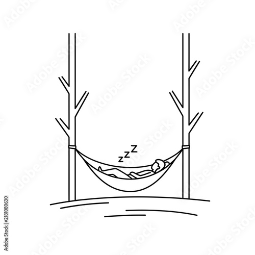 A simple black and white line art illustration of a person sleeping in a hammock hung between two trees with sleeping relaxing outdoors