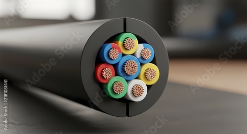 Industrial multi core electrical wire cross section showcasing internal copper conductor strands and colored plastic insulation layers for power transmission and engineering hardware applications