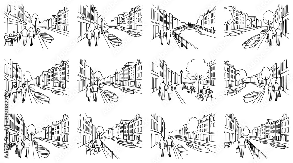 Fototapeta premium Hand-drawn Cityscape Collection: European Canal Street Scenes