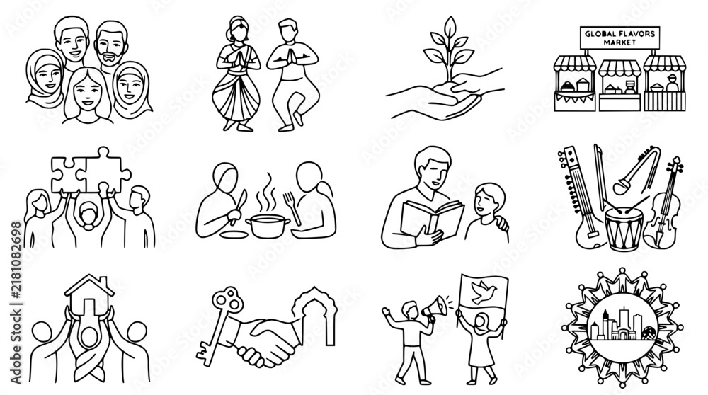 Fototapeta premium Diverse Community Icons: Family, Yoga, Growth, Market, Teamwork, Dining, Education, Music
