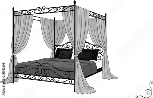 Принти на полотні Vintage four poster canopy bed vector illustration with elegant wrought iron fra