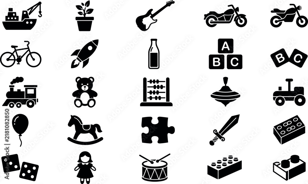 Obraz premium Kids toys and hobbies solid glyph icons set featuring childhood entertainment transportation games musical instruments and educational objects