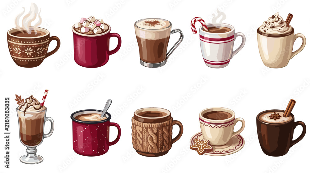 Obraz premium Collection of various hot chocolate and coffee mugs with different designs and toppings