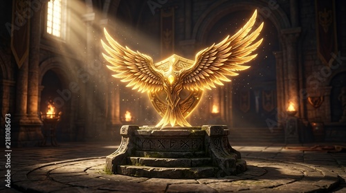 Golden eagle statue in sunlit stone hall.