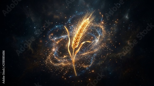 Golden wheat stalk floating in cosmic nebula.