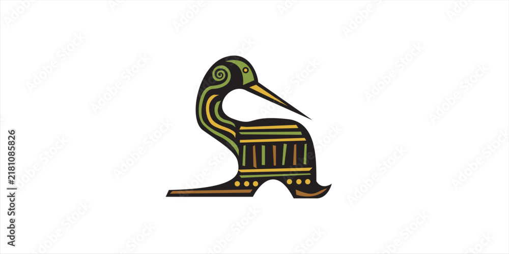 Fototapeta premium Stylized tribal bird illustration with ethnic patterns and green yellow stripes on white background folk art symbol