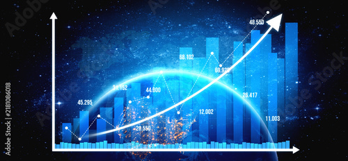 Foto Stunning futuristic visualization of business growth represented by a rising graph over a global network, showcasing advancements in finance and analytics