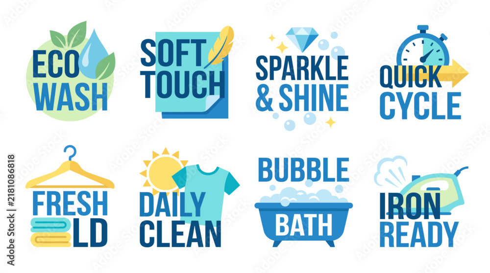 Obraz premium This design features seven creative icons representing various laundry concepts like eco-friendly washing and quick cycles, aimed at promoting efficient laundry practices.
