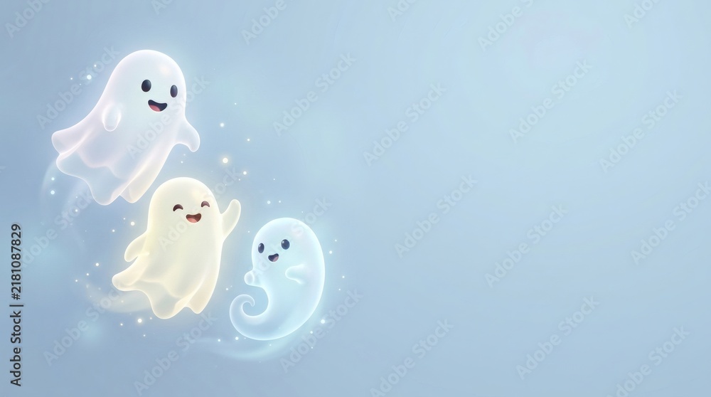 Obraz premium 3D Rendered Ghost Trio Floating Left Side Pale Blue Background Right Side Left Empty Space
