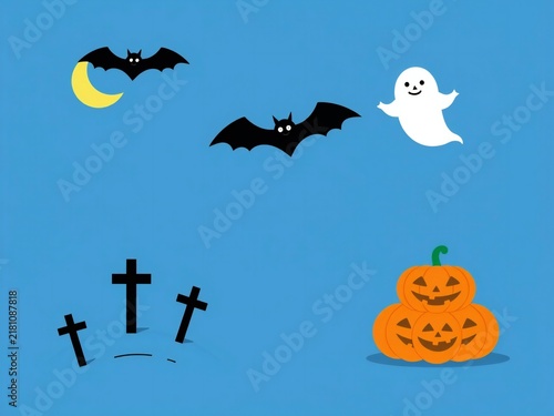 Cute cartoon halloween icons with bats ghost pumpkin and crosses on a blue background