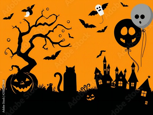 Happy halloween background with spooky black cat pumpkin tree bats and haunted house silhouette on orange backdrop