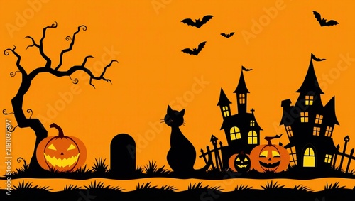 Halloween silhouette scene with a spooky haunted house, glowing pumpkins, a black cat, and flying bats against a bright orange background