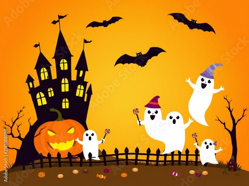 Cute ghosts and pumpkin with a haunted castle for halloween celebration