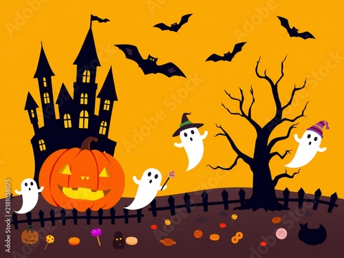 Cute cartoon halloween scene with a spooky castle pumpkin ghosts bats and candy on an orange background
