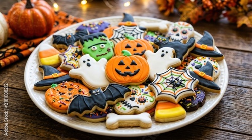 close up white plate filled with colorful festive halloween cookies