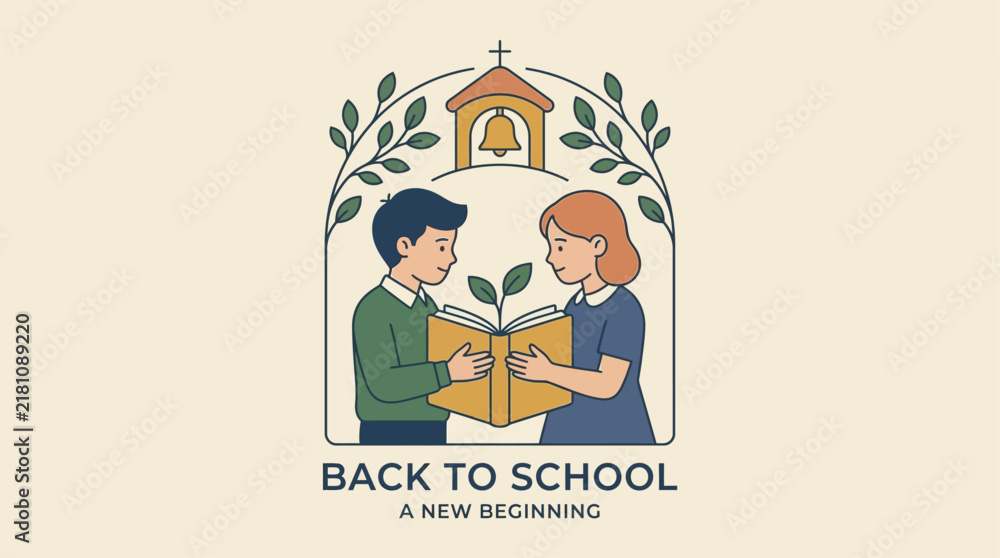 Fototapeta premium Back to school vector illustration with children reading a book under a school bell arch