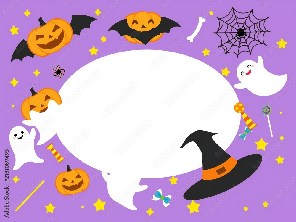 Obraz premium Cute halloween frame with pumpkins ghosts and witch hat on purple background