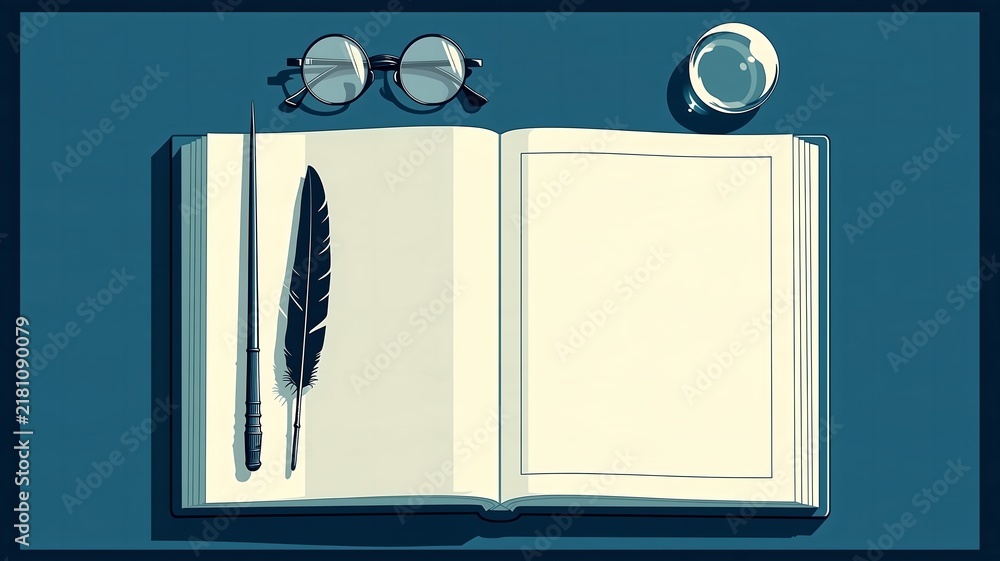 Obraz premium Flat vector still life of an open spellbook, wand and quill on the left page, vintage round spectacles and crystal ball on teal, for wizard school posters