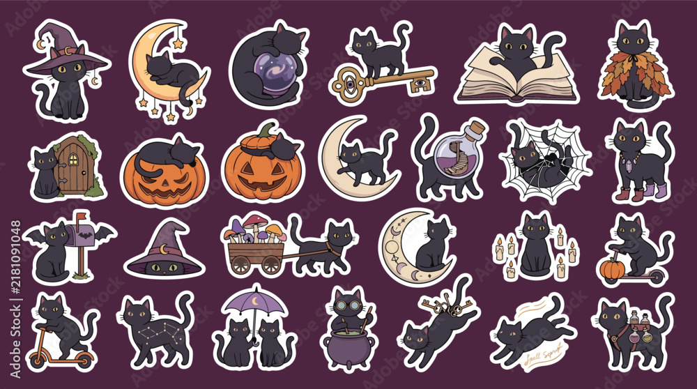Obraz premium Black cat witch familiar stickers featuring magical moons and autumn pumpkins for whimsical halloween stationary design.