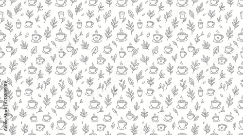 Foto Hand-drawn coffee cups and leaves pattern