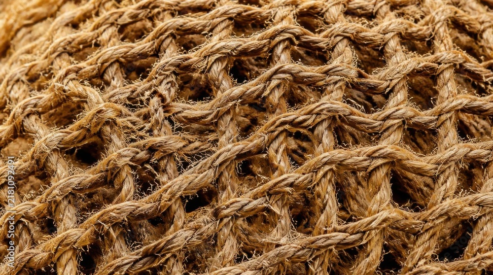 Fototapeta premium Detailed close up view of intertwined rough brown fiber mesh texture