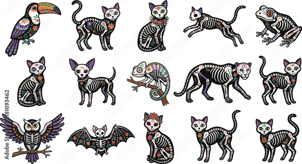 Obraz premium Mexican day of the dead sugar skull animal skeleton collection featuring decorated cats dog owl bat toucan and lizard