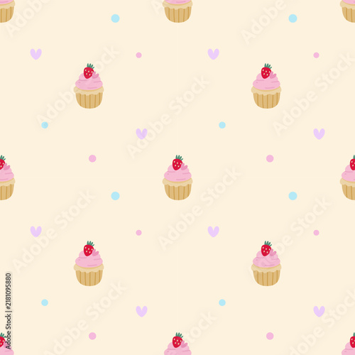 Cute Strawberry Cupcake Seamless Pattern with Pastel Hearts and Colorful Dots