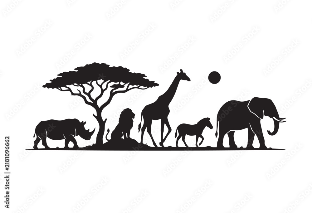 Obraz premium African safari wildlife silhouette. Wild animals silhouettes.