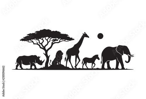 African safari wildlife silhouette. Wild animals silhouettes.