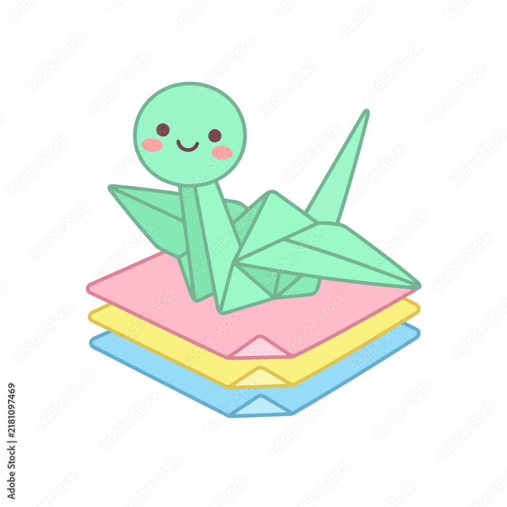 Fototapeta premium Cute Origami Crane Character Sitting on Stack of Paper.