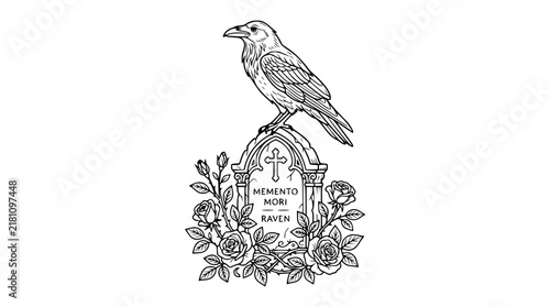 Foto Raven perched on gravestone with roses, memento mori illustration