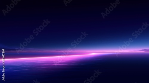 幻想的な夜空と水面にネオンの光線が輝く未来的な風景