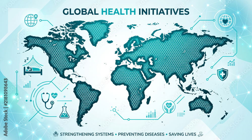 Naklejka premium Global health initiative concept map with medical icons and data visualization on light background with visualization elements blue graphic
