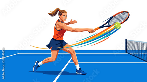 Foto Female tennis player hitting ball on court