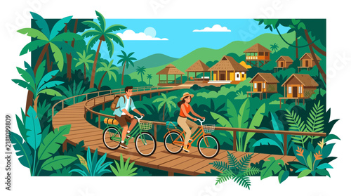Foto Couple cycling on wooden path through tropical jungle village