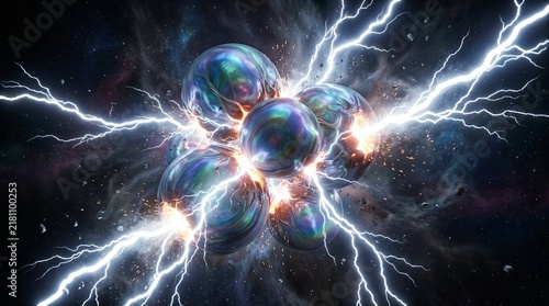 Abstract Cosmic Atoms Exploding With Radiant White Lightning Bolts In Deep Space Background