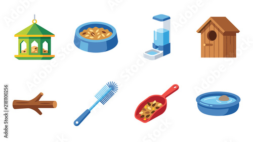 Flat Color Bird Care Equipment Icon Bundle for Pet Shops, Websites, Apps and Veterinary Design