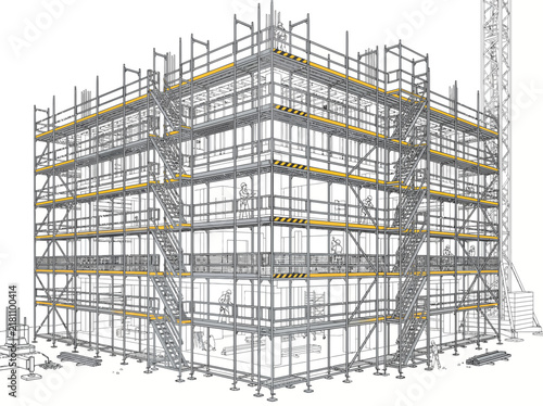 Architectural technical drawing of a building under construction with scaffolding and crane.