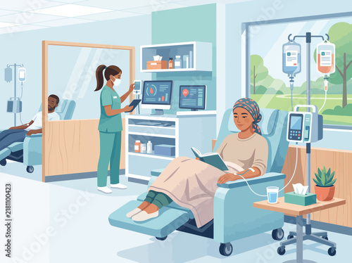 Patients receiving chemotherapy treatment in a modern hospital infusion center with medical staff assistance.