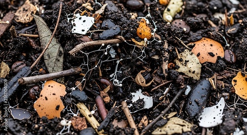 Organic compost material with eggshells and decomposing matter, eggshells