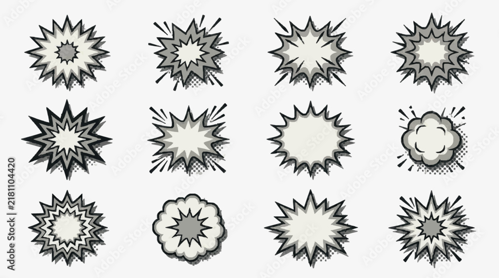 Obraz premium Professional Set of 12 Stylized Explosion and Impact Effects in Black White and Gray Shades for Design Projects