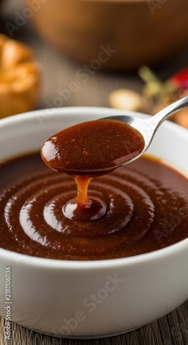 Close-up of thick dark brown barbecue sauce dripping from a metal spoon into a white ceramic bowl, showing glossy texture and ripple patterns on a rustic wooden table background.