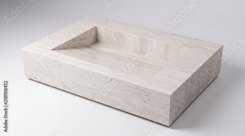 Minimalist rectangular beige marble bathroom basin with modern ramp drain design isolated on white