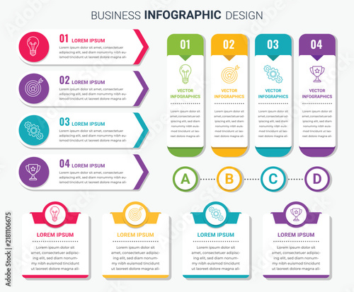 Modern Business Infographic Template with Four Step Process, Corporate Timeline, Data Visualization, Statistics, Strategy, Workflow and Presentation Elements