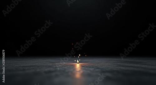 A small single orange flame flickering on a dark textured stone surface in a pitch black environment with soft glowing bokeh particles and light sparks rising from the center.